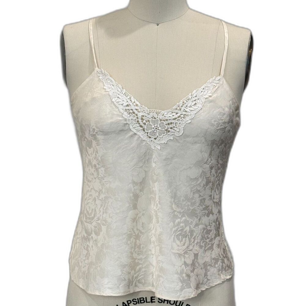 Silkscreen Ivory 100% Silk Lace Camisole Women Sz L Satin Jacquard EVC